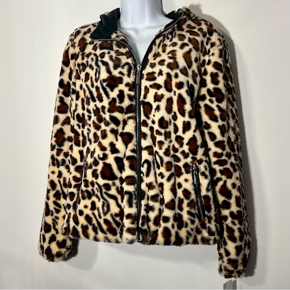 NWT JZ Animal Print Faux Fur Jacket Coat With Hood Medium Super Soft Fully Lined